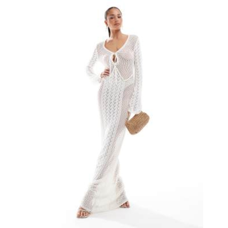 4th& Reckless crochet flared sleeve keyhole detail maxi beach dress in cream