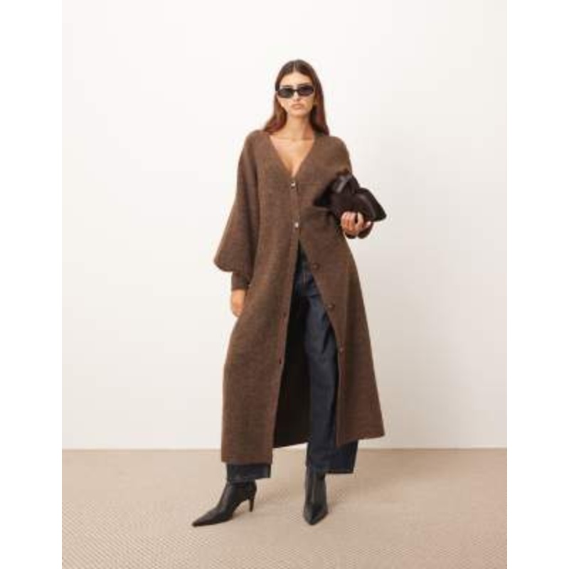 ARRANGE knit balloon sleeve button up midi dress in chocolate