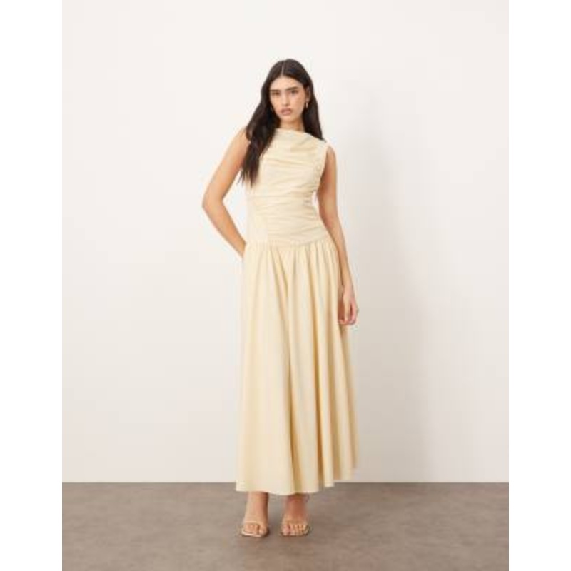 ARRANGE poplin ruched detail drop waist midi dress in buttermilk