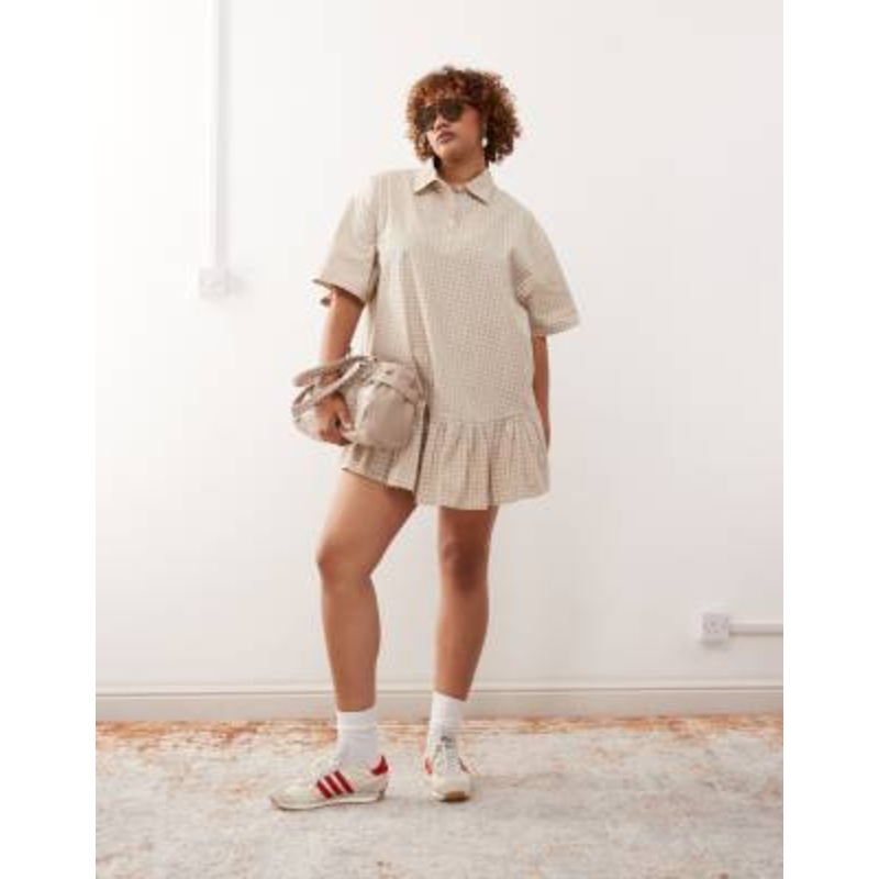 COLLUSION Plus check pleated skirt shirt dress in neutral check