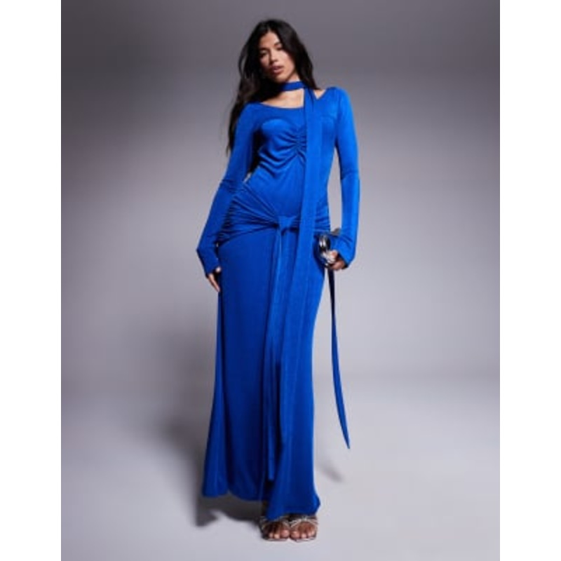 Daska ruched maxi dress with waist and neck tie detail in calbalt
