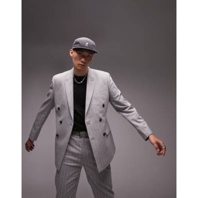 Topman slim double breasted six button striped suit jacket in gray