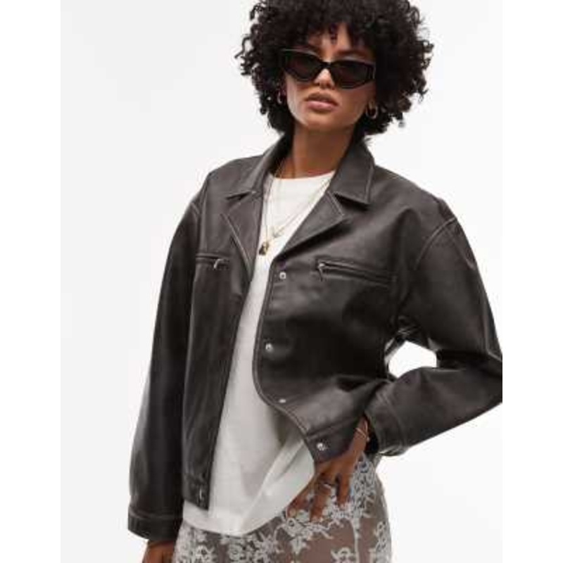 Topshop faux leather cropped button down jacket in washed black