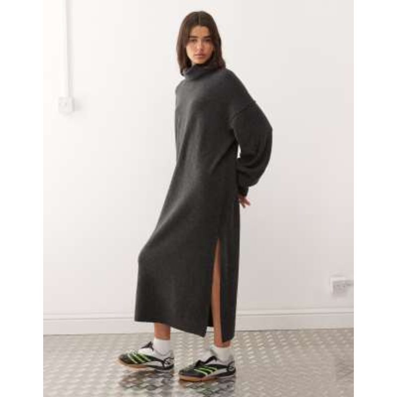 Weekday turtle neck knitted maxi sweater dress in black melange exclusive to