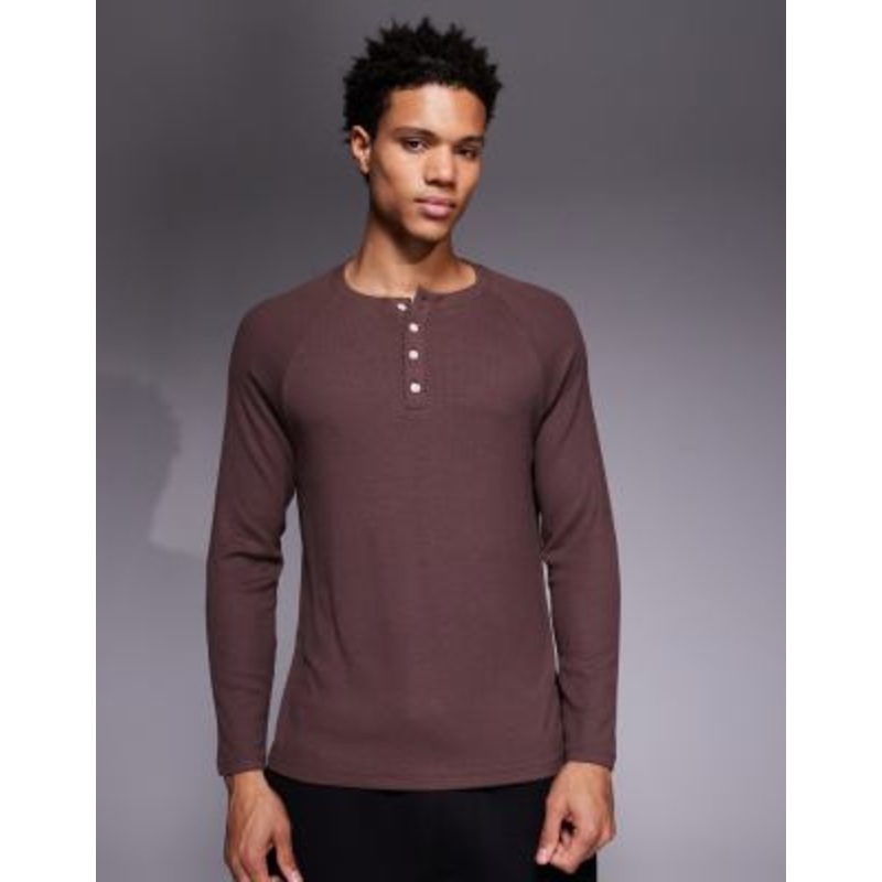 4505 Rest Day ultra soft modal ribbed slim fit raglan henley long sleeve T-shirt in brown