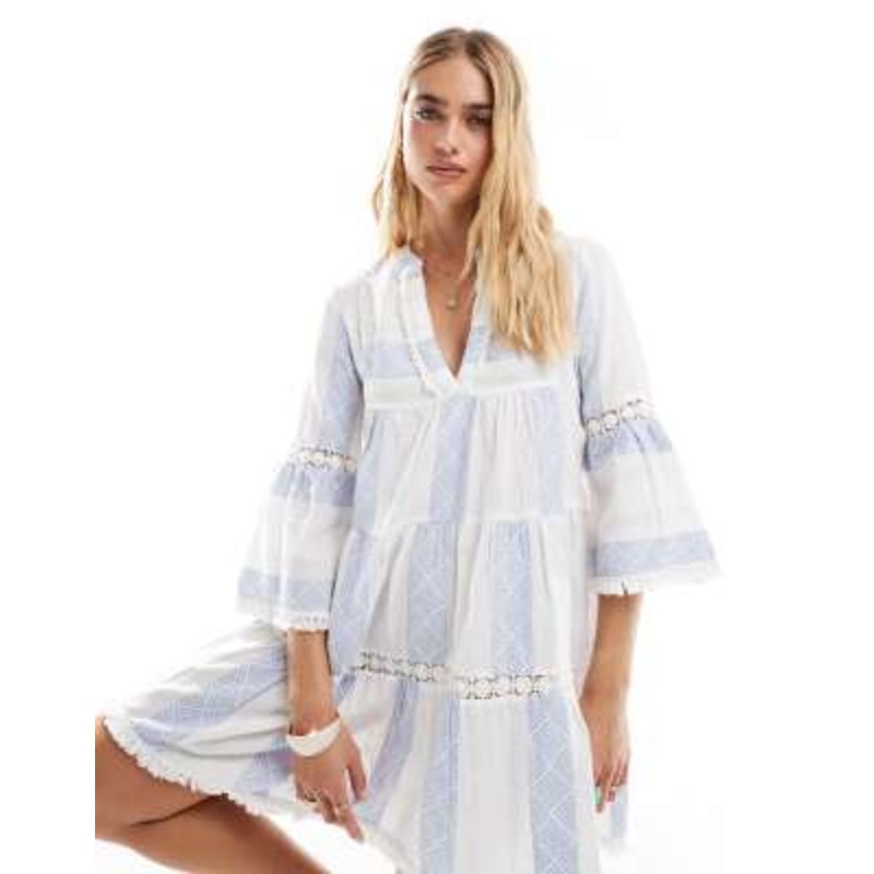 Accessorize Mini stripe beach dress in white and blue