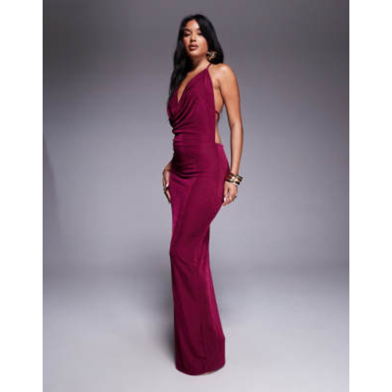 Aria Cove slinky cowl halterneck open tie back maxi dress in berry
