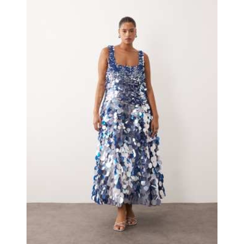 ARRANGE Curve embellished disc sequin square neck full skirt midi dress in blue