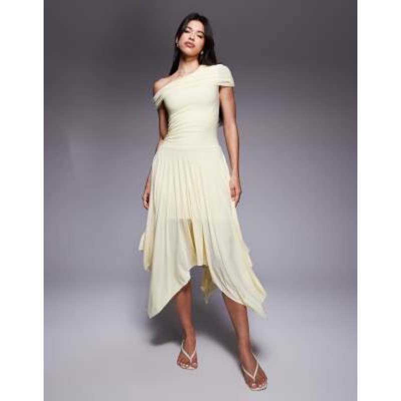 Kaiia exclusive double layered slinky asymmetric drape detail dropped waist handkerchief hem midi dress in lemon
