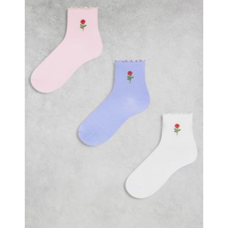 Pieces 3-pack rose embroidered socks in multi