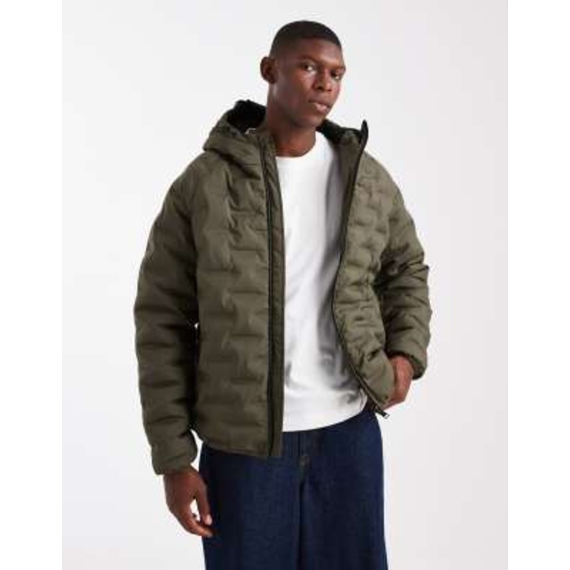 Threadbare textured puffer coat with hood in khaki green