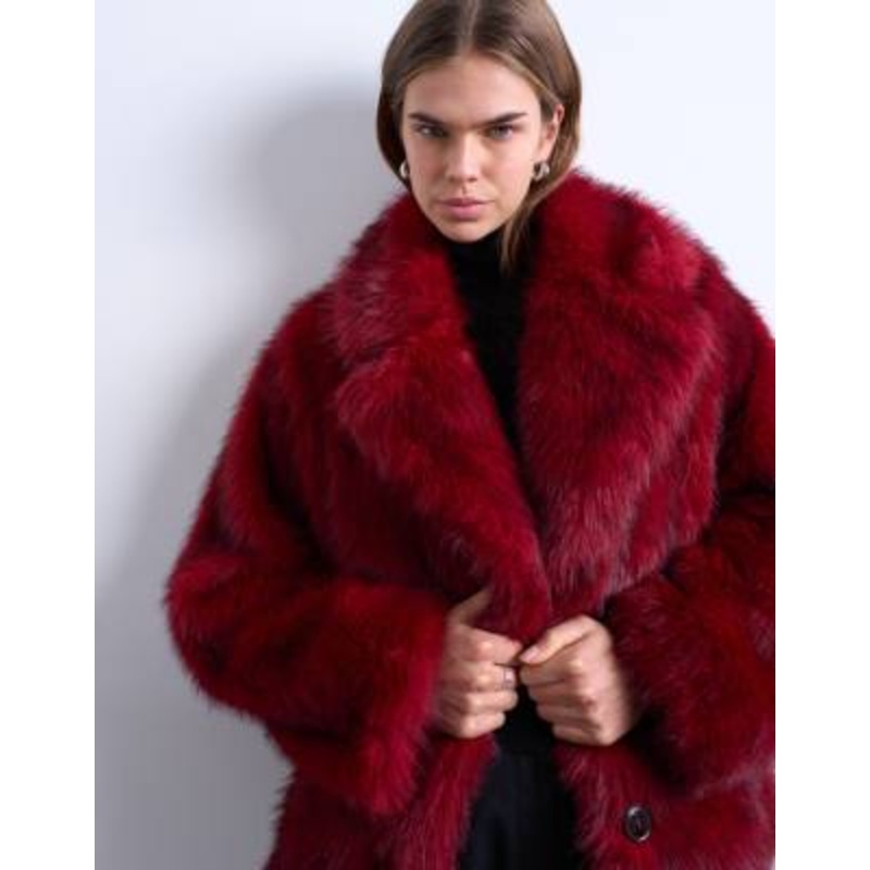 Topshop faux fur short jacket with buttons in cherry red