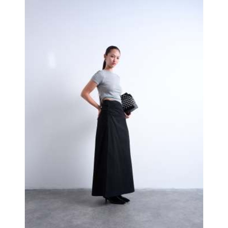 Topshop ruched asymmetric midaxi skirt in black