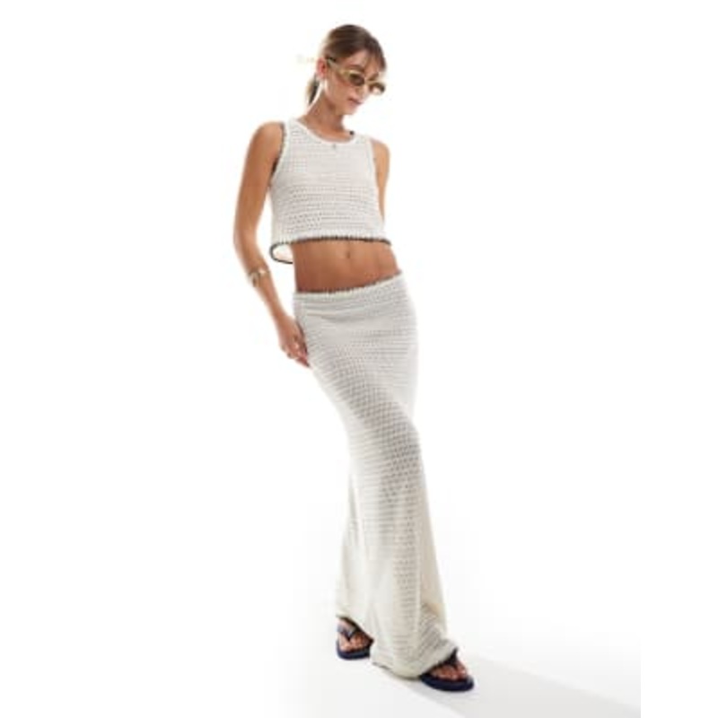 Vero Moda crochet crop top and maxi skirt set with whipstitch detail in cream