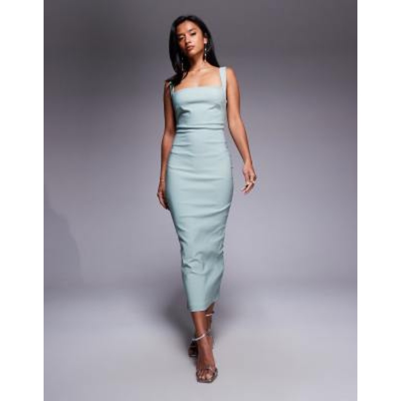 Vesper Petite bengaline square neck scoop back midaxi dress in sage