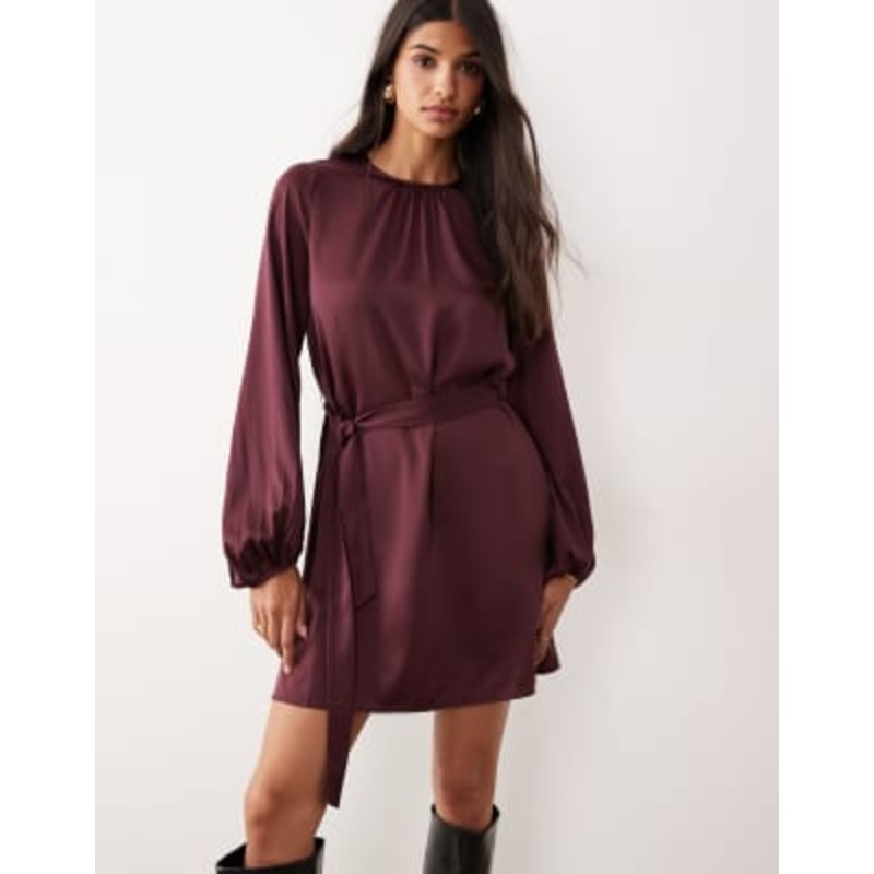 VILA balloon sleeve satin tie waist mini dress in burgundy