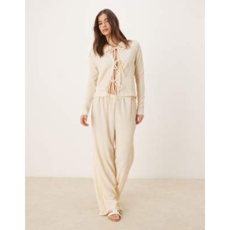 VILA textured tie front top and pants set in cream