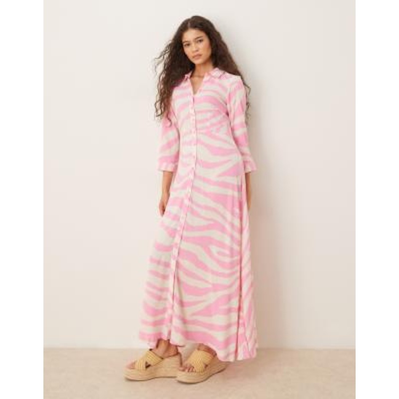 YAS maxi shirt dress in oversized pink zebra print