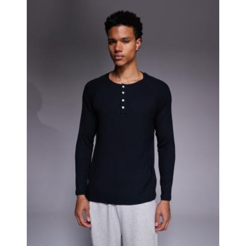 4505 Rest Day ultra soft modal ribbed slim fit raglan henley long sleeve T-shirt in black