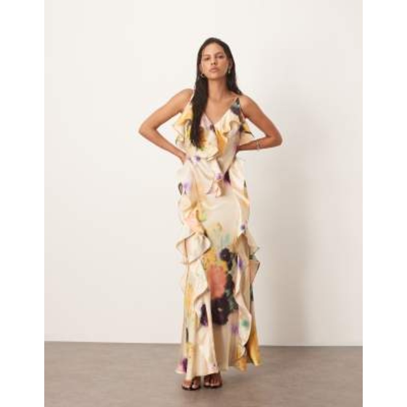 ARRANGE ruffle maxi slip dress with bias cut skirt in blurred floral