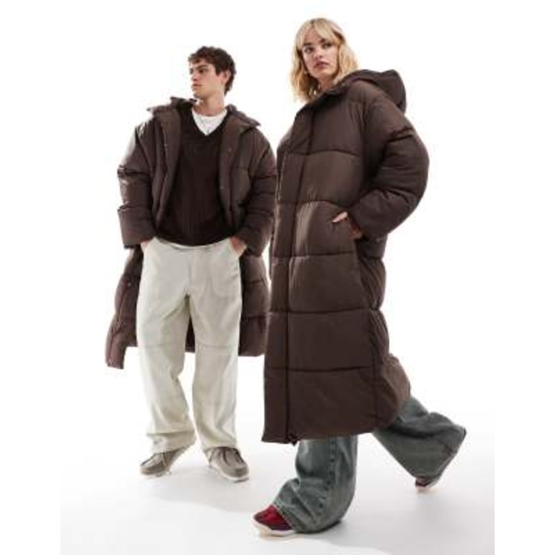 COLLUSION Unisex maxi puffer jacket with hood in brown