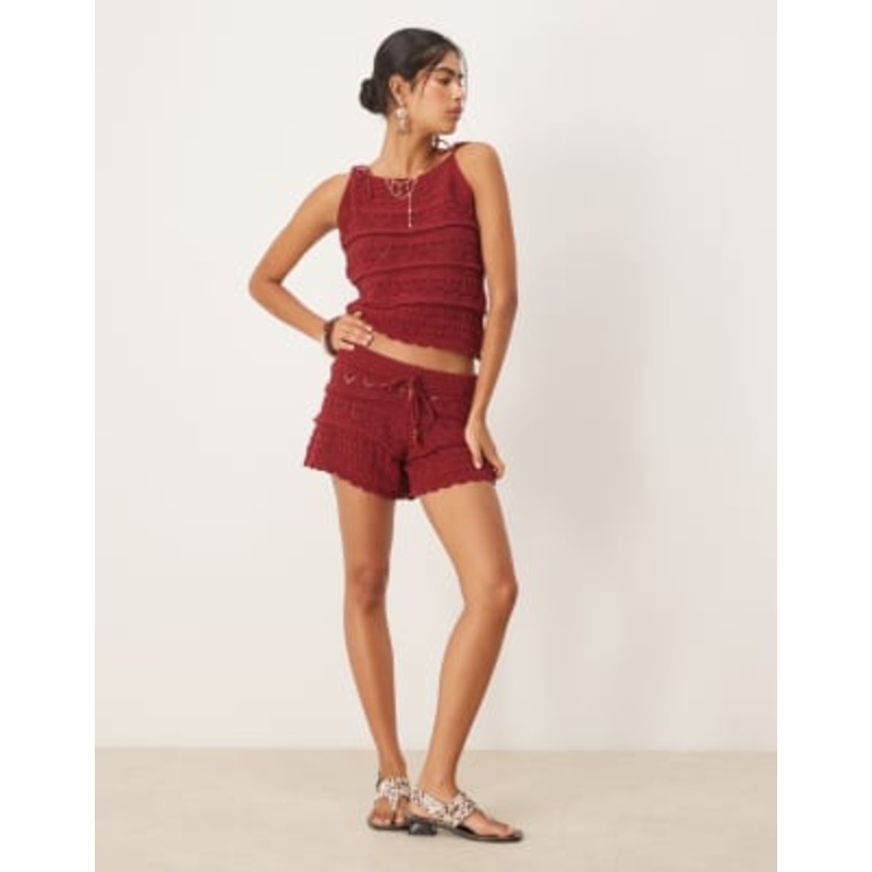 DESIGN crochet knit top and shorts set with beaded front tie in rust