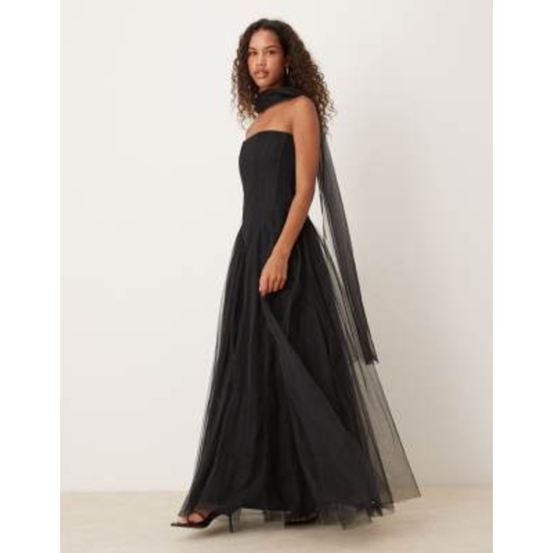 Lace & Beads strapless dropped hem corset maxi dress with neck scarf in black