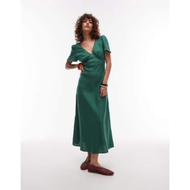 Mango linen mix short sleeve midi dress in emerald green