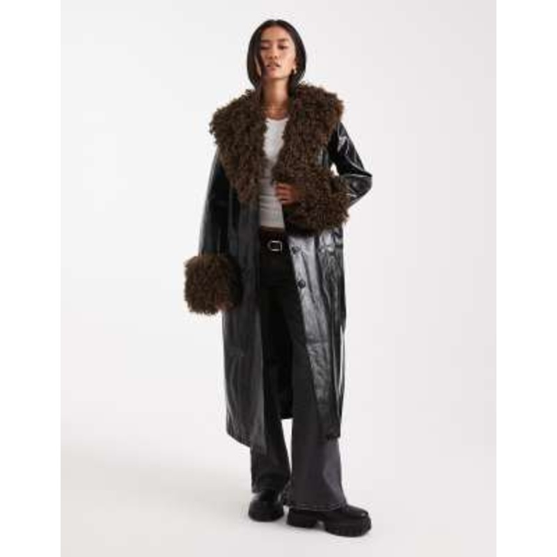 Miss Selfridge faux fur trim vinyl trench coat in black