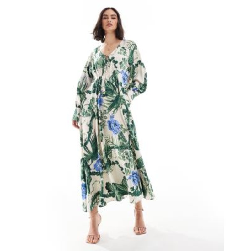 & Other Stories maxi dress with tie front v-neckline and long sleeves in floral leaf print