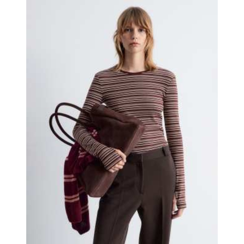 & Other Stories rich cotton long sleeve top with thumbholes in brown stripe