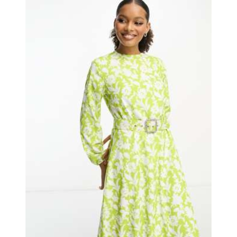 TRENDYOL long sleeve belted maxi dress in sage floral