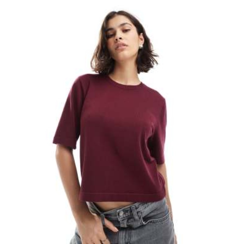Vero Moda knit boxy T-shirt in burgundy