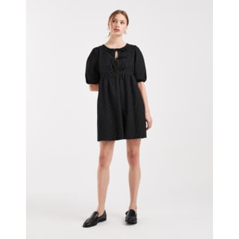 Wednesday’s Girl polka dot print button detail mini smock dress in black