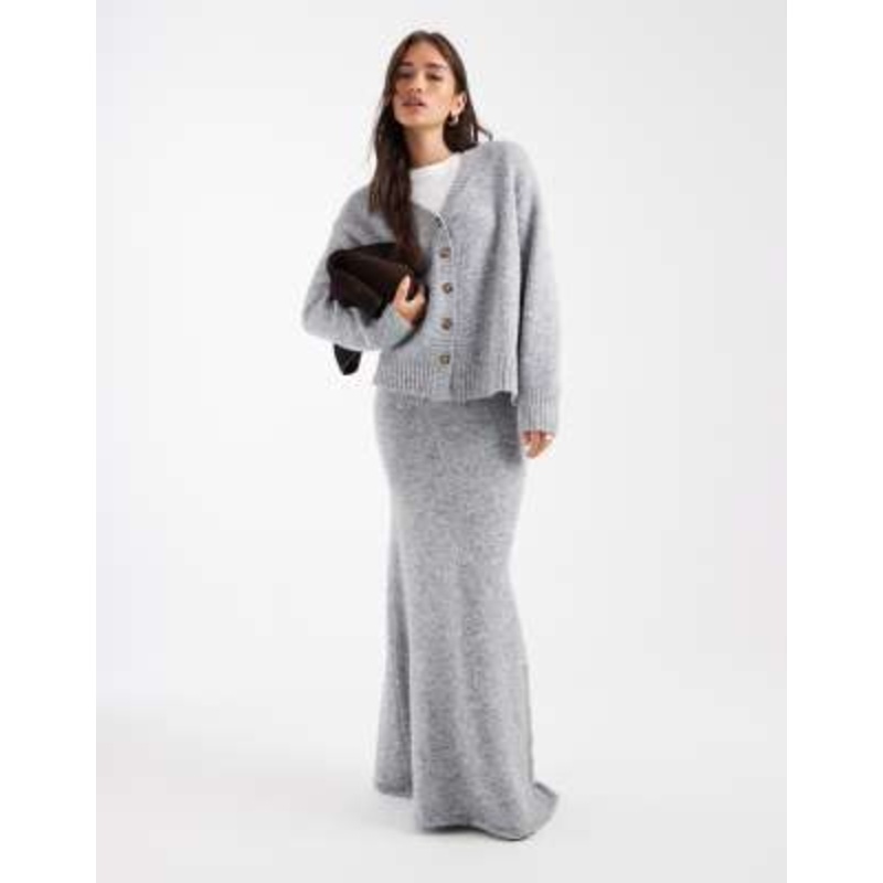 4th & Reckless wool feel longline pocket detail cardigan and maxi skirt set in gray