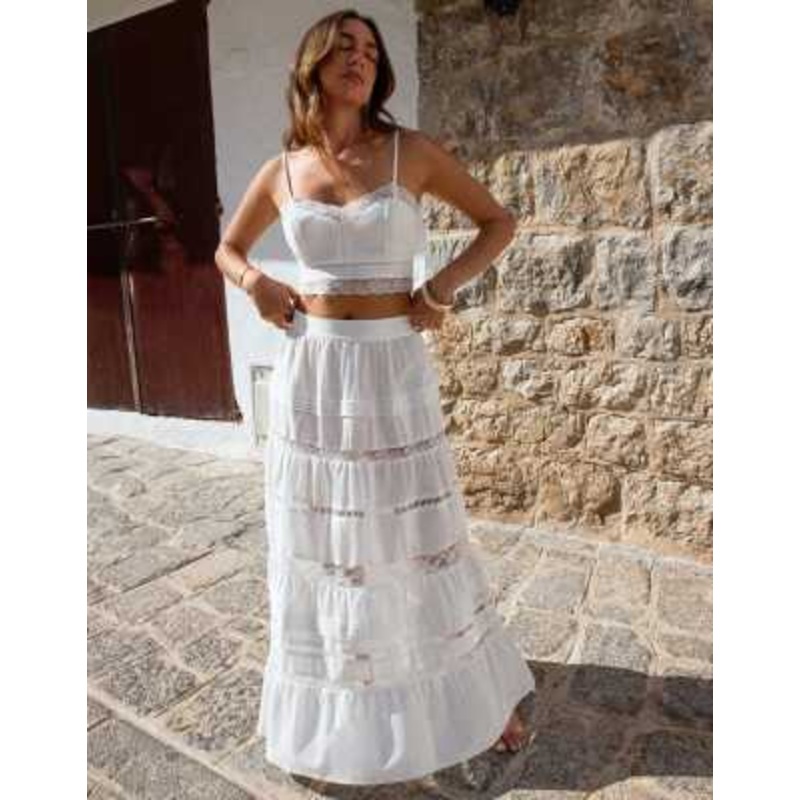 4th & Reckless x Luana Barron linen mix tiered lace insert maxi beach skirt in white – part of a set