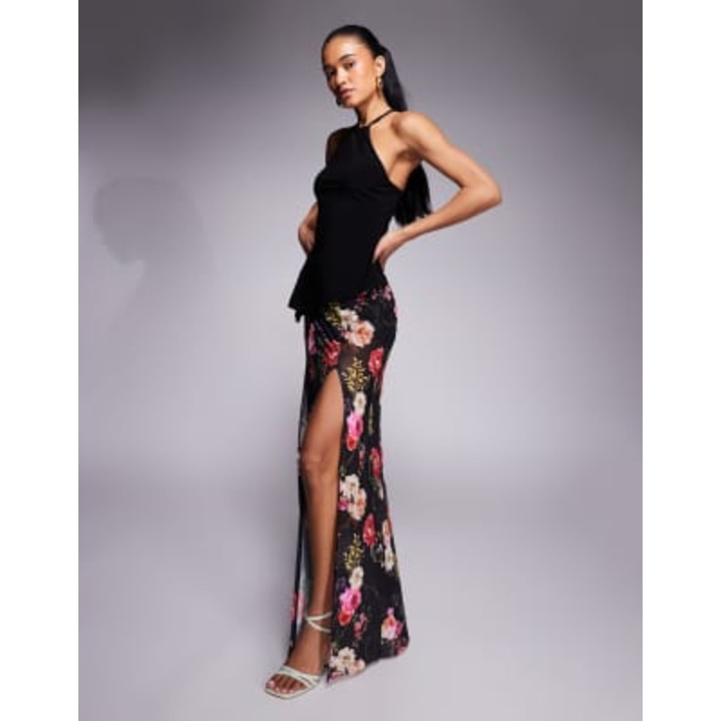 AFRM built-in hotpant thigh split maxi skirt in black summer rose