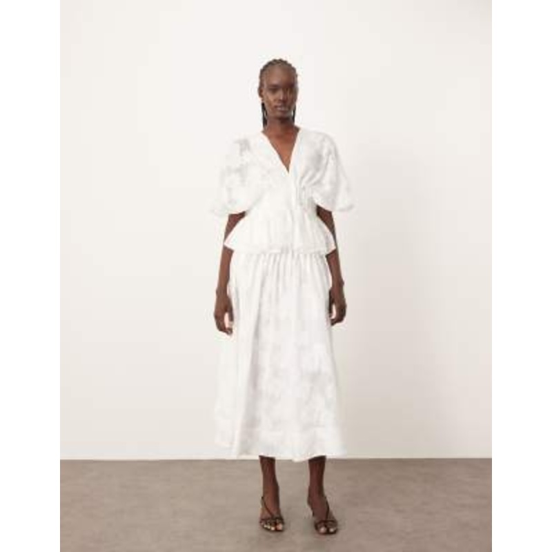 ARRANGE daisy organza top and pintuck dropped waist midi skirt set in white