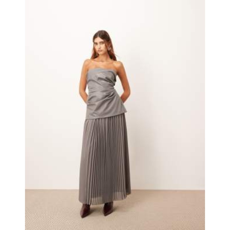 ARRANGE PU bodice maxi dress with pleated skirt in dark gray