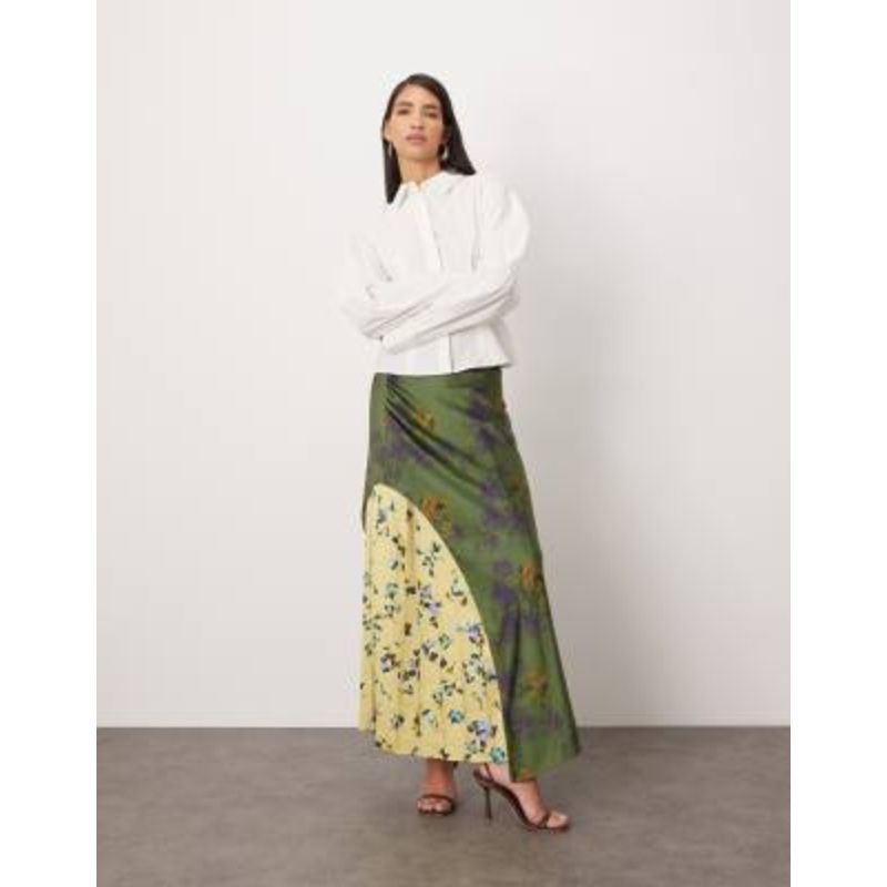 ARRANGE satin pleat mix midi skirt in spliced floral print