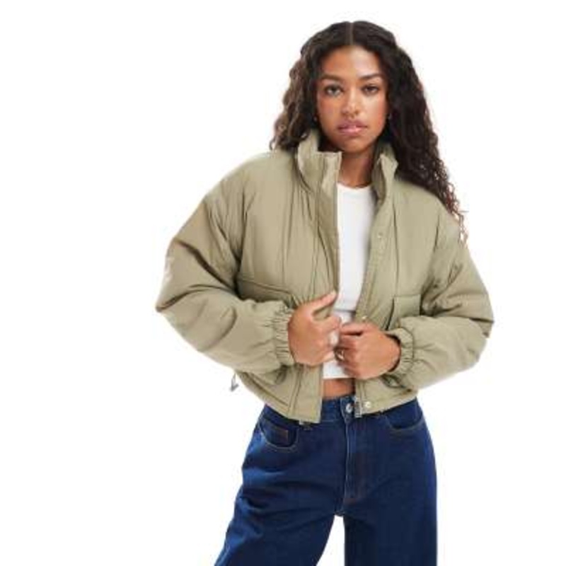 Brave Soul funnel neck short padded jacket with pockets in sage green