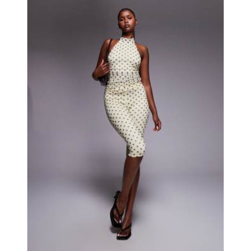 Kaiia double layered slinky mesh foldover waist capri pants & halterneck top set in lemon and black polka dot