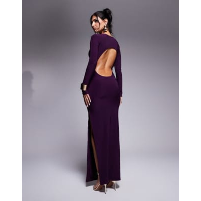 Kaiia exclusive double layered slinky long sleeve open back side split maxi dress in purple