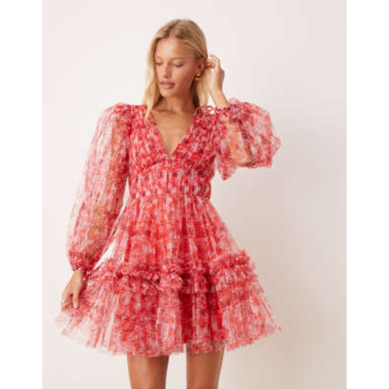 Lace & Beads balloon sleeve organza mini dress in red floral