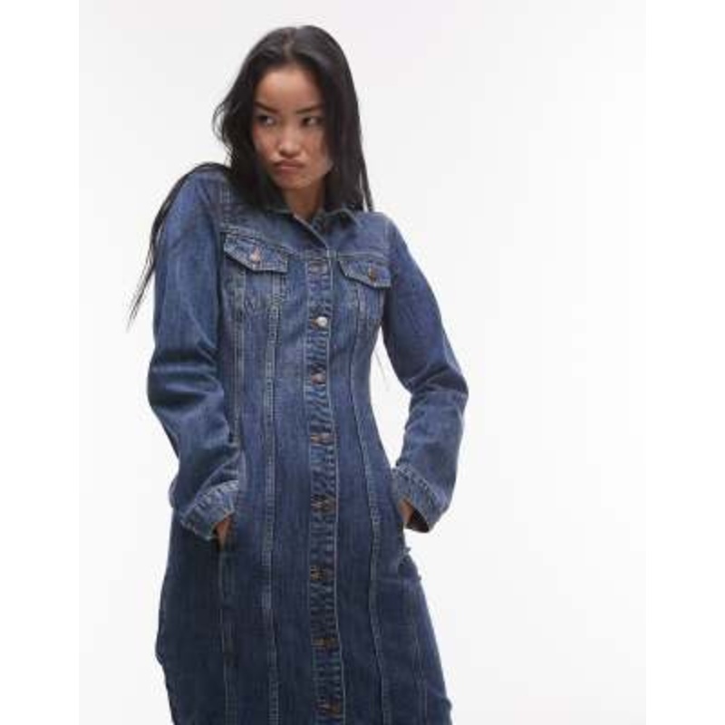 Topshop denim long sleeve maxi dress with cinch adjuster in mid blue