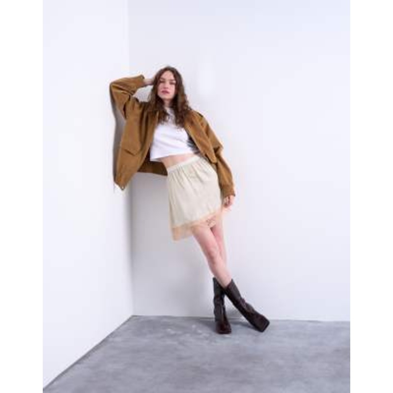 Topshop satin slip mini skirt with contrast lace in oyster