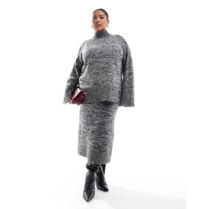 Vero Moda Curve oversized rollneck sweater and knitted midi skirt set in mono melange