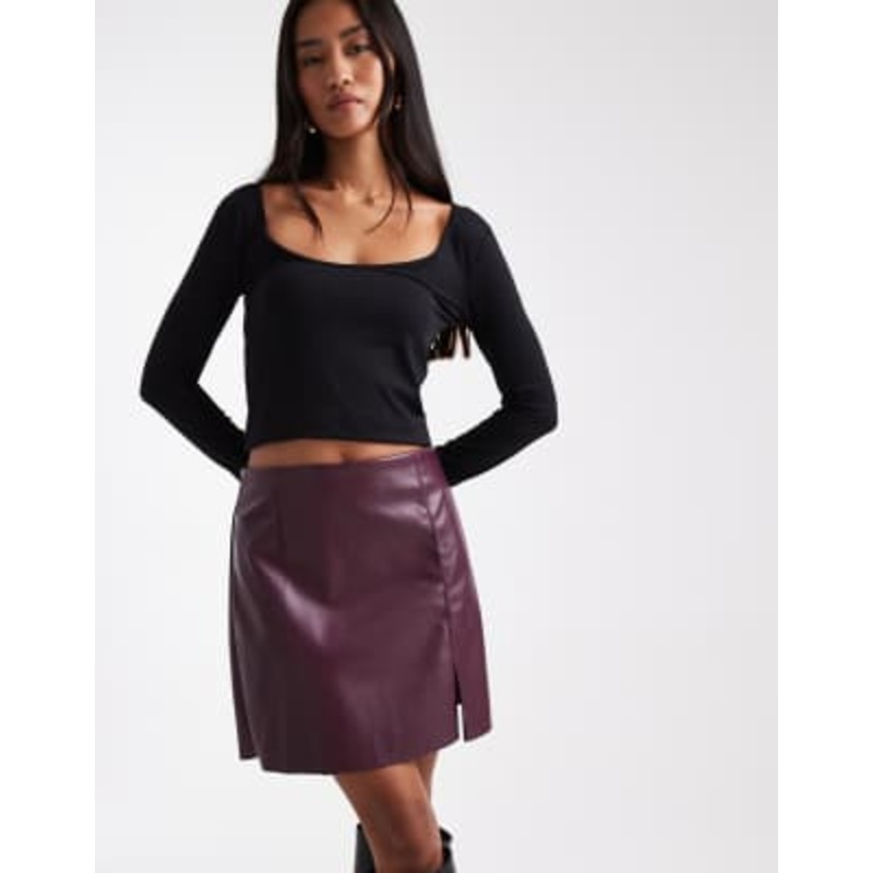 Vero Moda faux leather mini skirt with notch front in burgundy