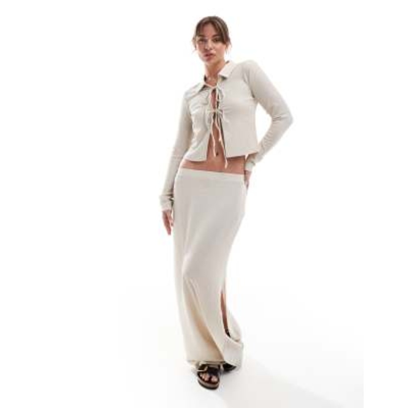 Vero Moda textured jersey tie front long sleeve top and maxi skirt set in beige