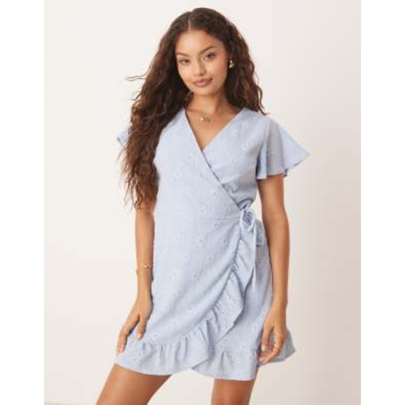 VILA Petite jersey broderie wrap mini dress in kentucky blue